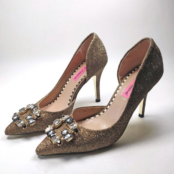 Festive Betsey Johnson Metallic Gold Glitter Jezzy D'orsay Heels Dress Pump - Picture 5 of 13